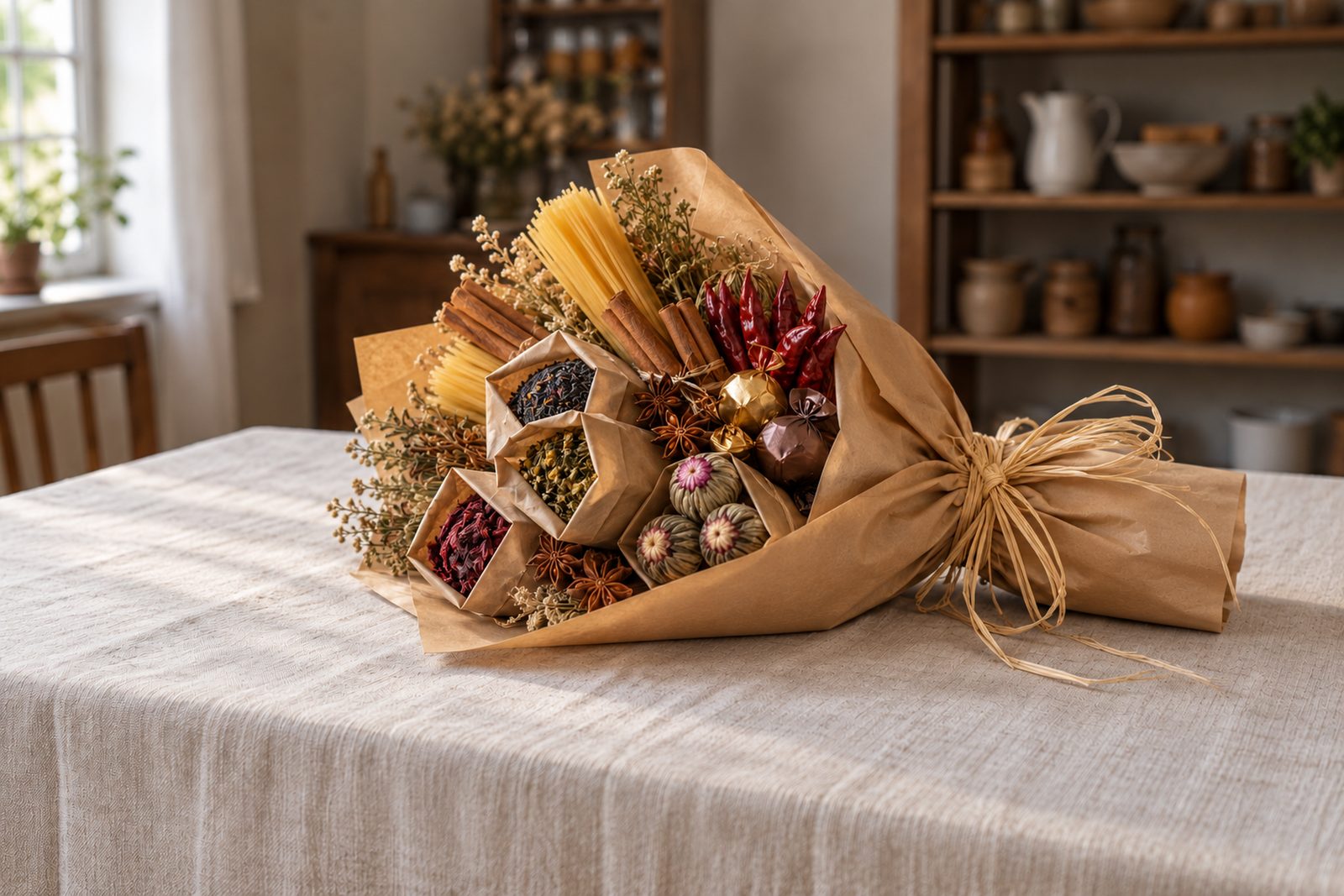 Ein Geschenkstrauß aus Teetüten, langen Nudeln, Zimtstangen, Sternanis, Chili, Pralinen und Teeblüten, mit Bast gebunden und in Packpapier gewickelt, auf hellem Leinen