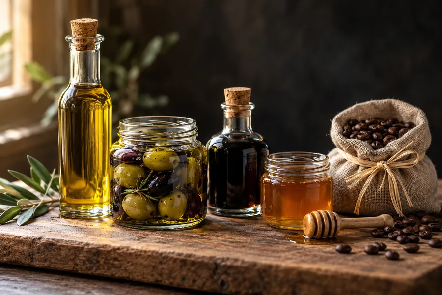 Feinkost auf einem Holzbrett: Olivenöl, Balsamico, Oliven im Glas, Honig mit Honiglöffel und ein Säckchen Kaffeebohnen