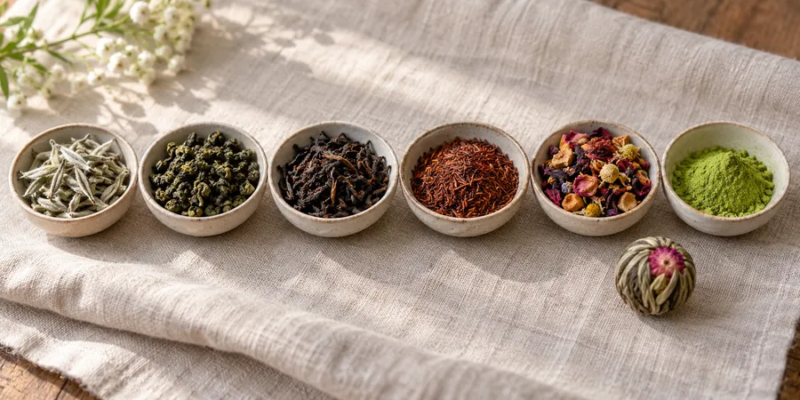 Sechs kleine Keramikschalen mit losem Tee nebeneinander: weiße Knospen, gerollter grüner Tee, schwarzer Tee, roter Rooibos, Früchtetee mit Blüten und grünes Matcha-Pulver, daneben eine Teeblume